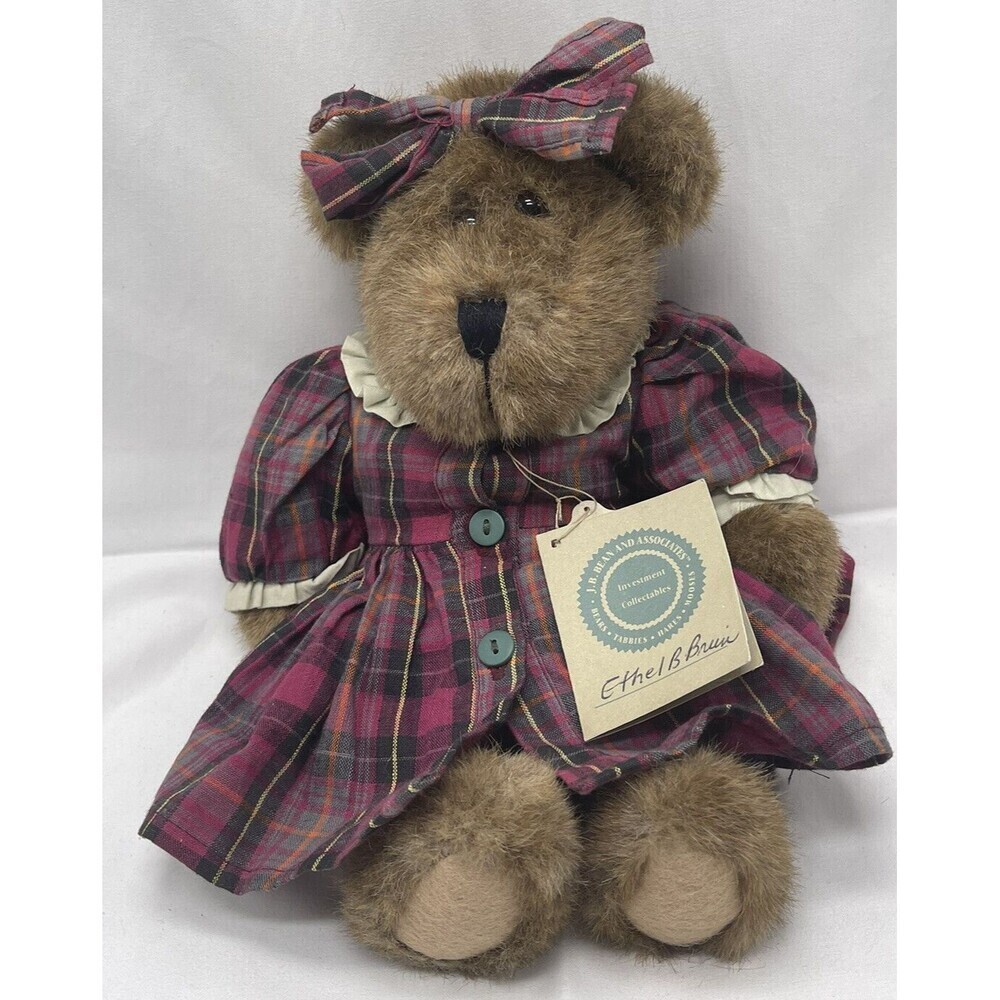 Vintage Boyd’s Bear Burgundy Plaid Dress and Bow Ethel 12” Plush Stuffed Animal